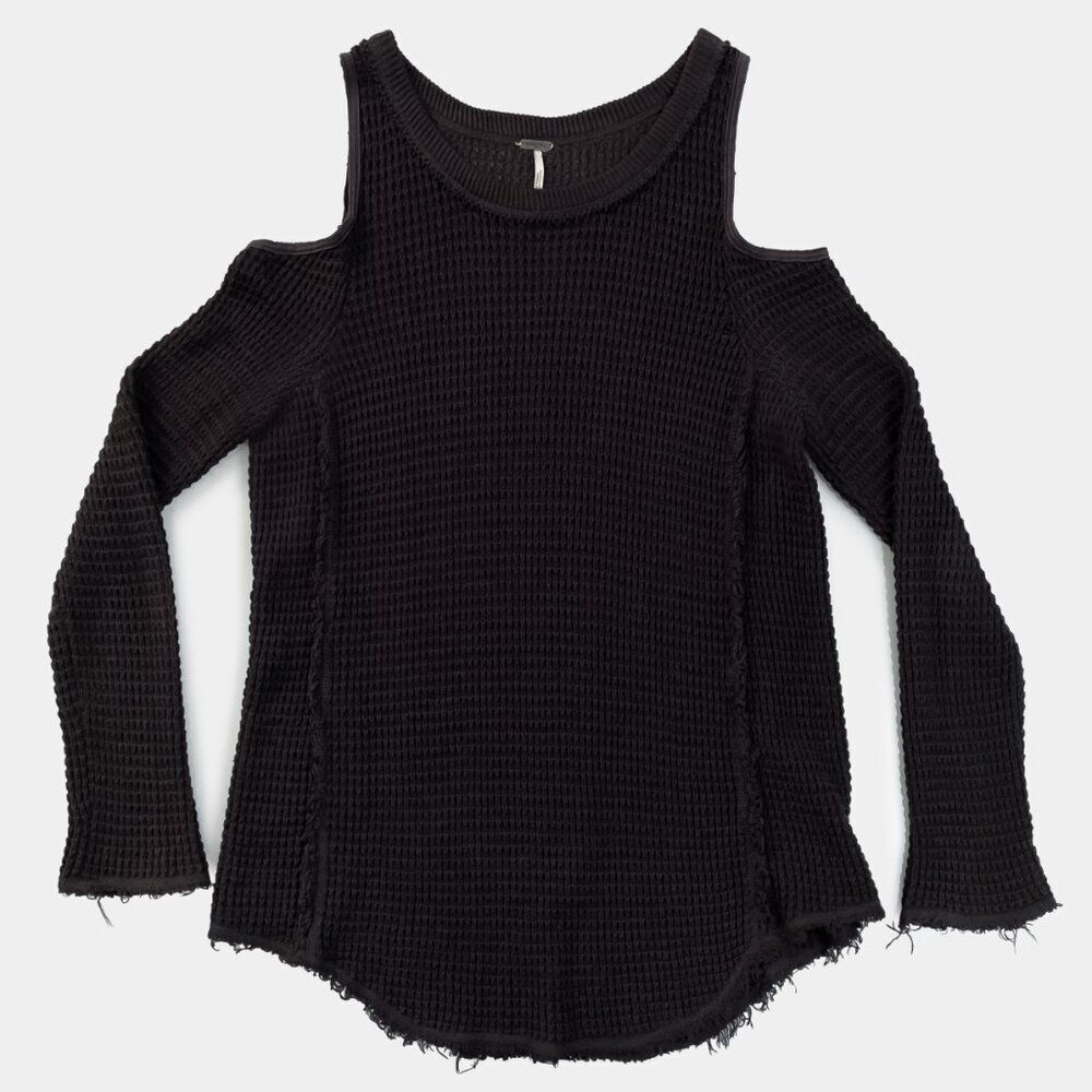 FREE PEOPLE Open Shoulder Sweater, Black Waffle Knit, Size XS